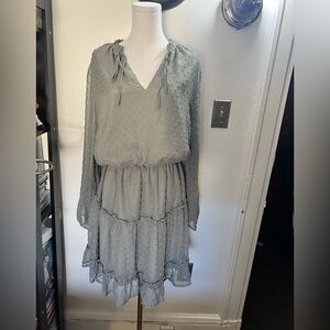 Boho Tiered Swiss Dot Long Sleeve Mini Dress in Sage Size L